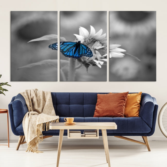 Pretty Blue Butterfly Black and White Canvas Wall Art Print Framed Ready to Hang