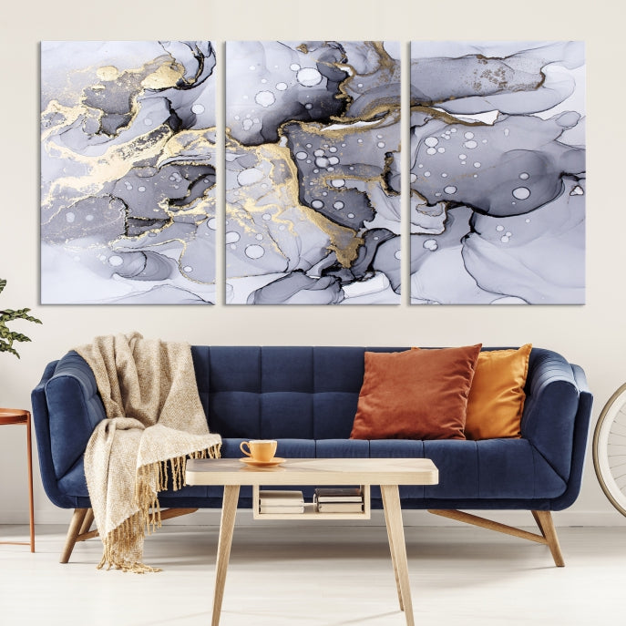 Gray Gold Abstract Painting on Giclee Canvas Wall Art Print Framed