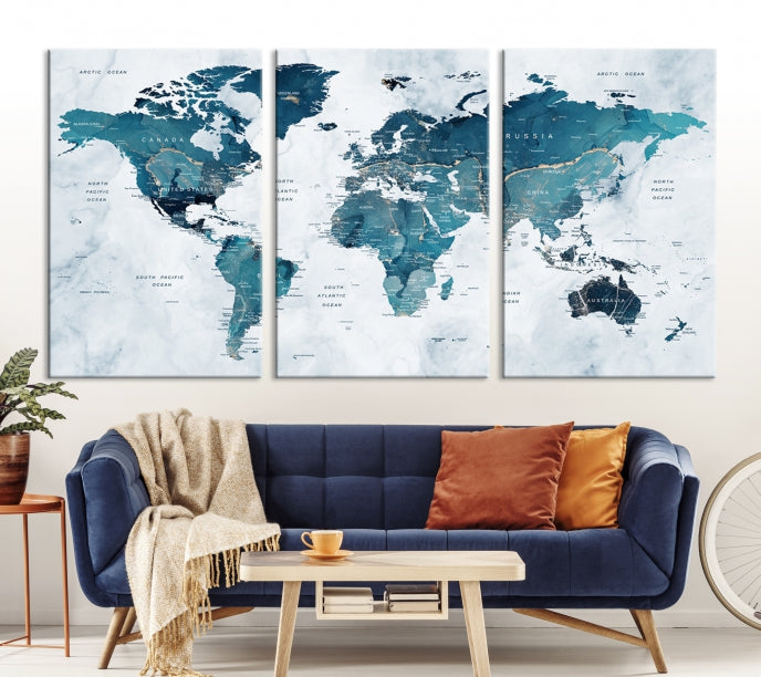 Blue World Map Extra Large Wall Art Canvas Print