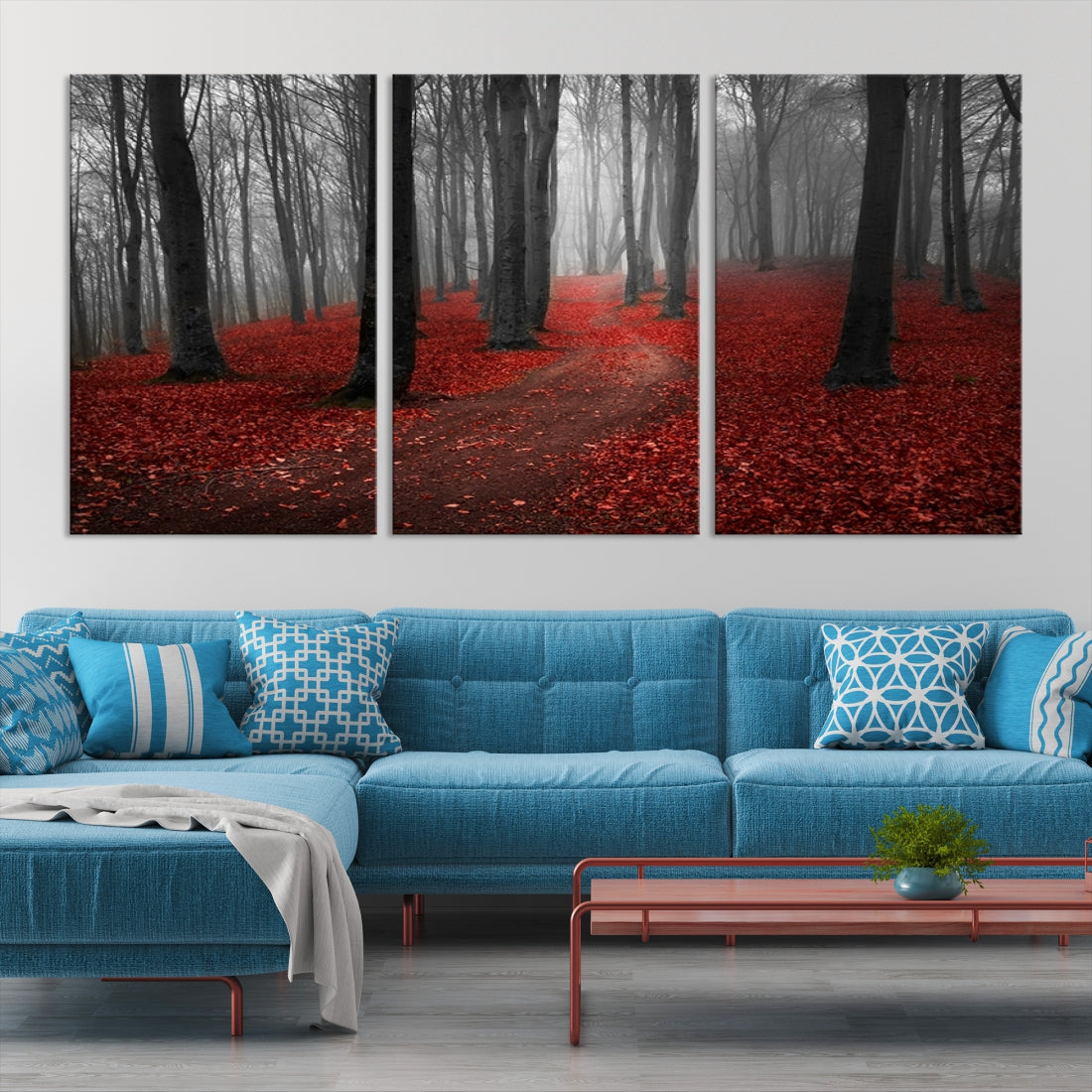 Wonderful Forest with Red Leaves on Ground Large Wall Art Landscape Canvas Print