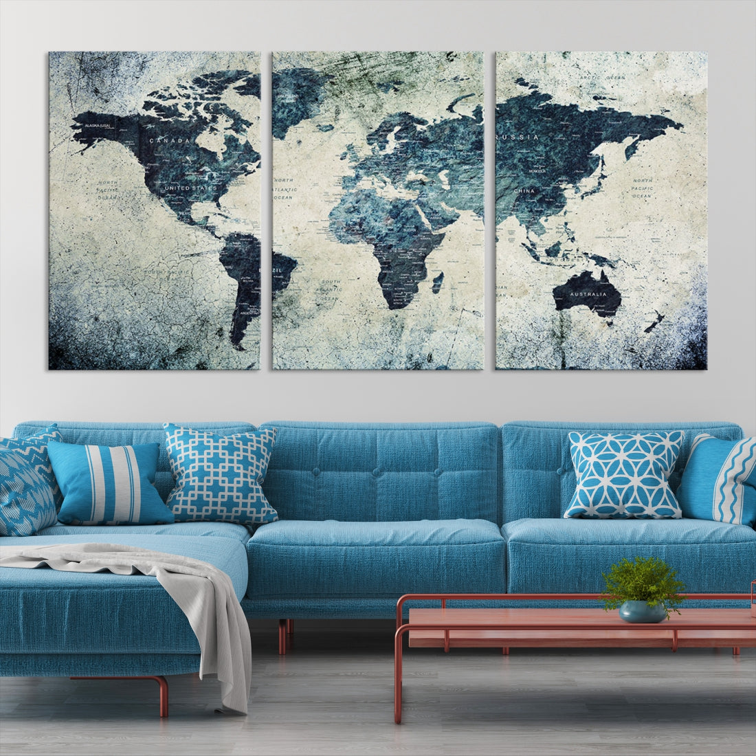 Extra Large World Map Wall Art Watercolor Painting on Canvas Print Grunge Vintage Decor