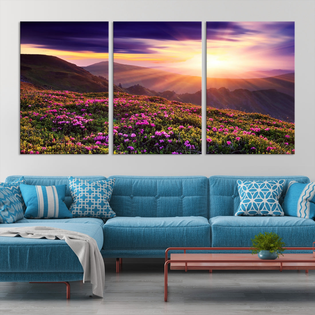 Alluring Spring Mountain with Flowers Sunset Landscape Canvas Wall Art Print