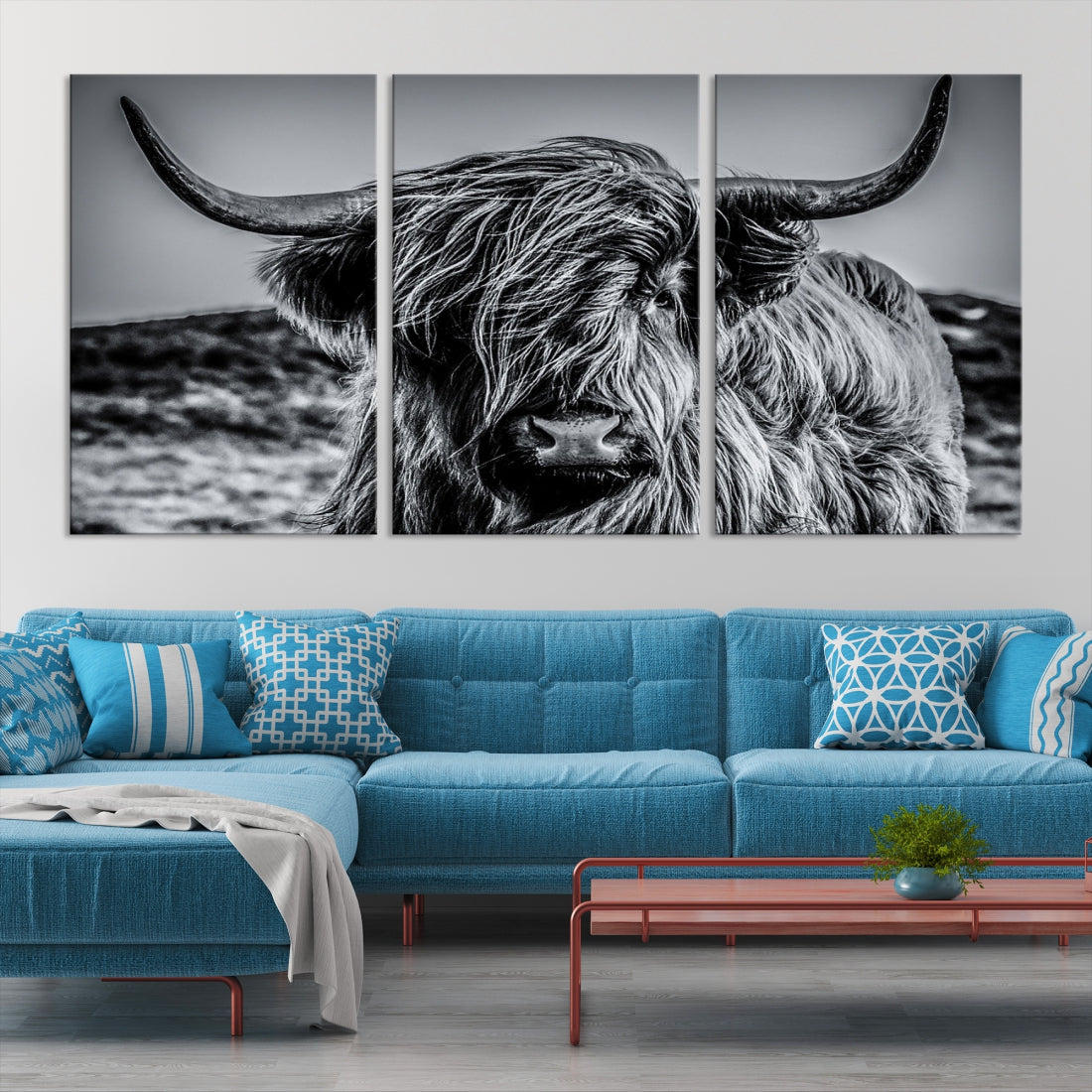 Black and White Extra Large Cow Wall Art Scottish Cattle Animal Canvas Print