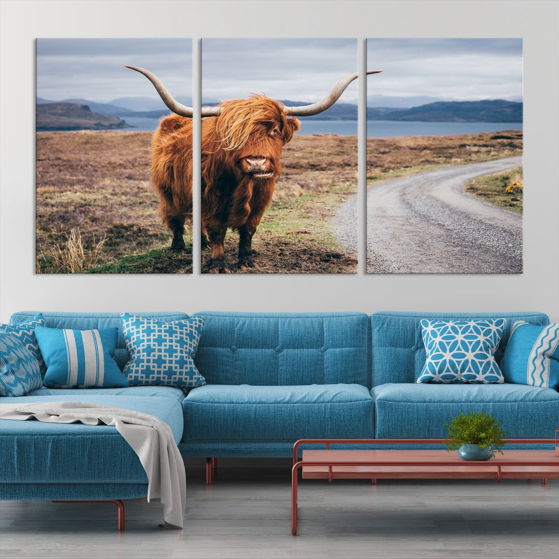 Highland Cow with Big Horn Canvas Wall Art Animal Photo Print Wall Decor