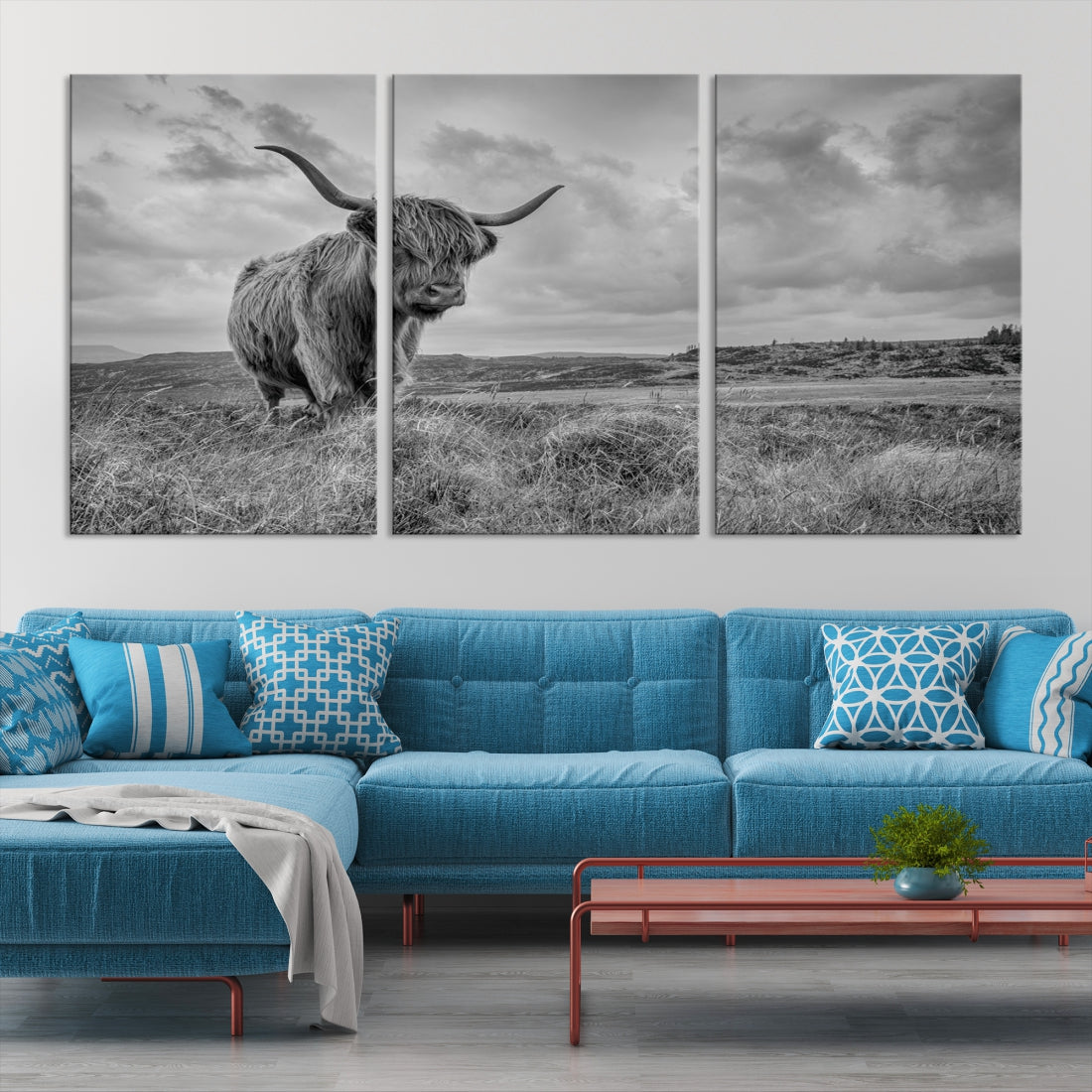 Grayscale Highland Cow Canvas Art Print Extra Large Animal Picture Print on Canvas