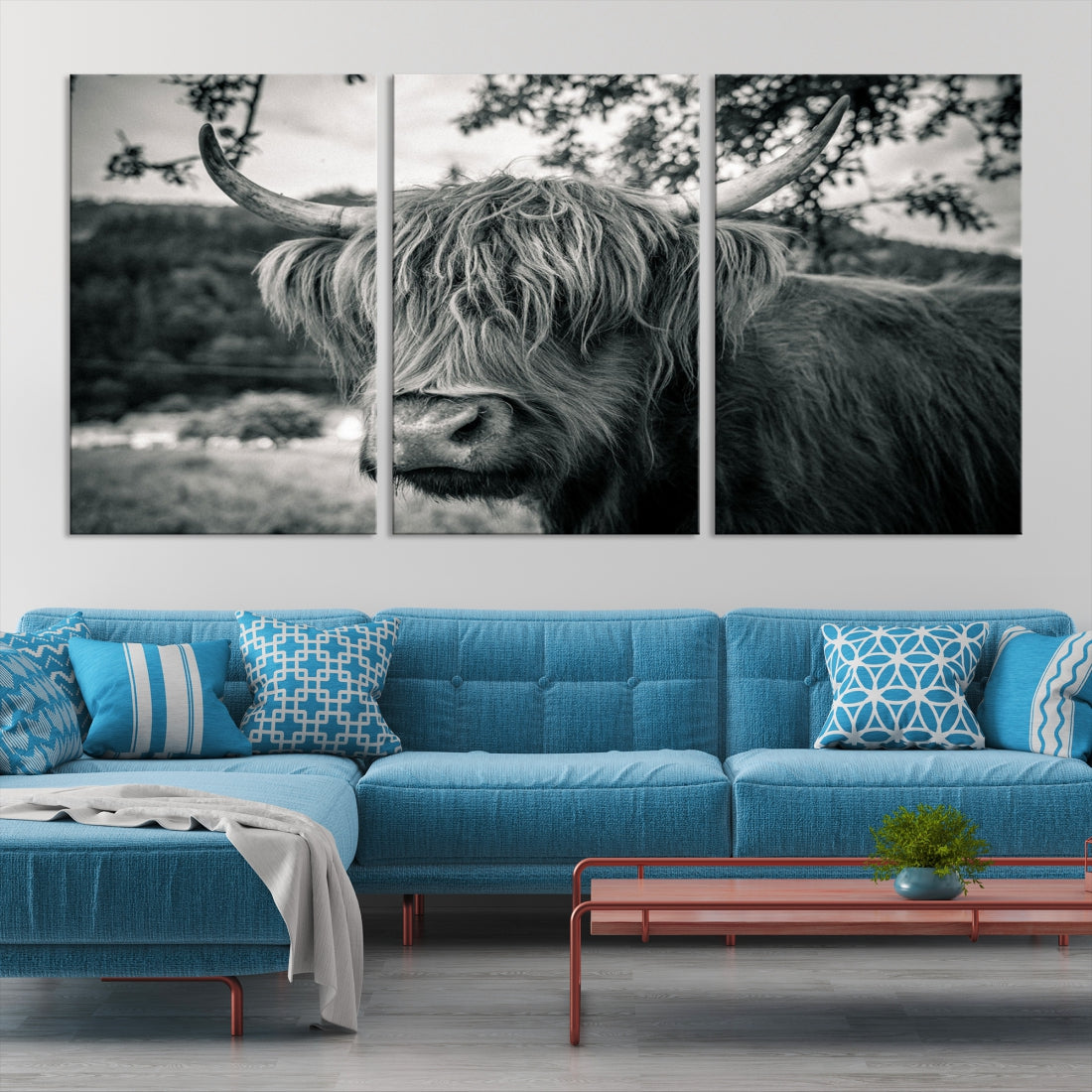 Beautiful Highland Cow Wall Art Large Canvas Print Black and White Wall Decor