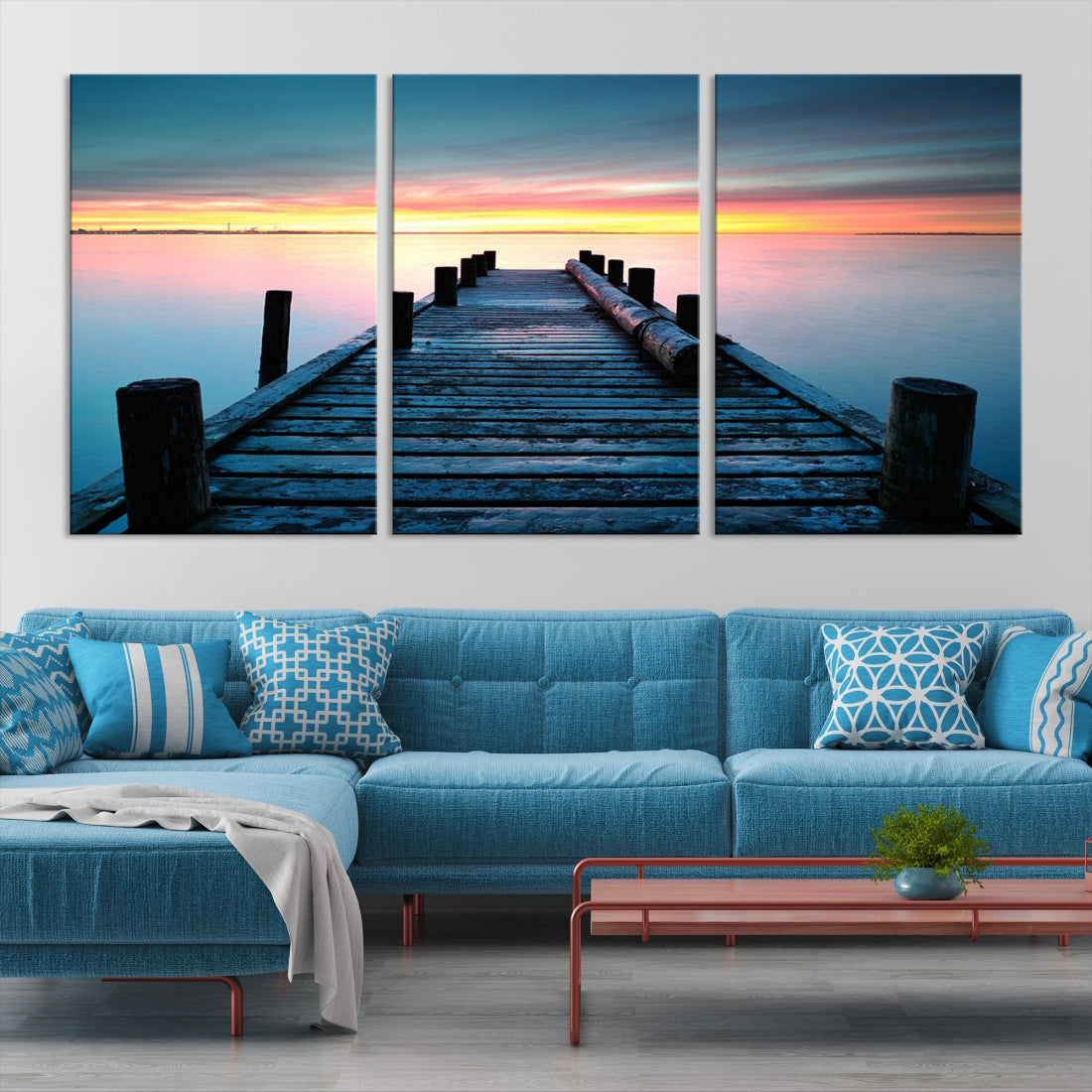 Fantastic Sunset over the Horizon Old Pier Seascape Ocean Wall Art Canvas Print