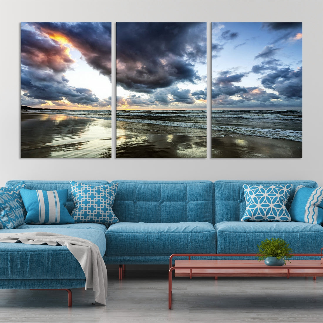 Cloudy Sky Calm Ocean Beach Nature Large Framed Canvas Art Print