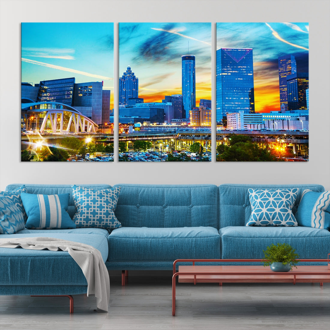 Mesmerizing Atlanta City Sunset Blue Skyline Cityscape Large Canvas Wall Art Print