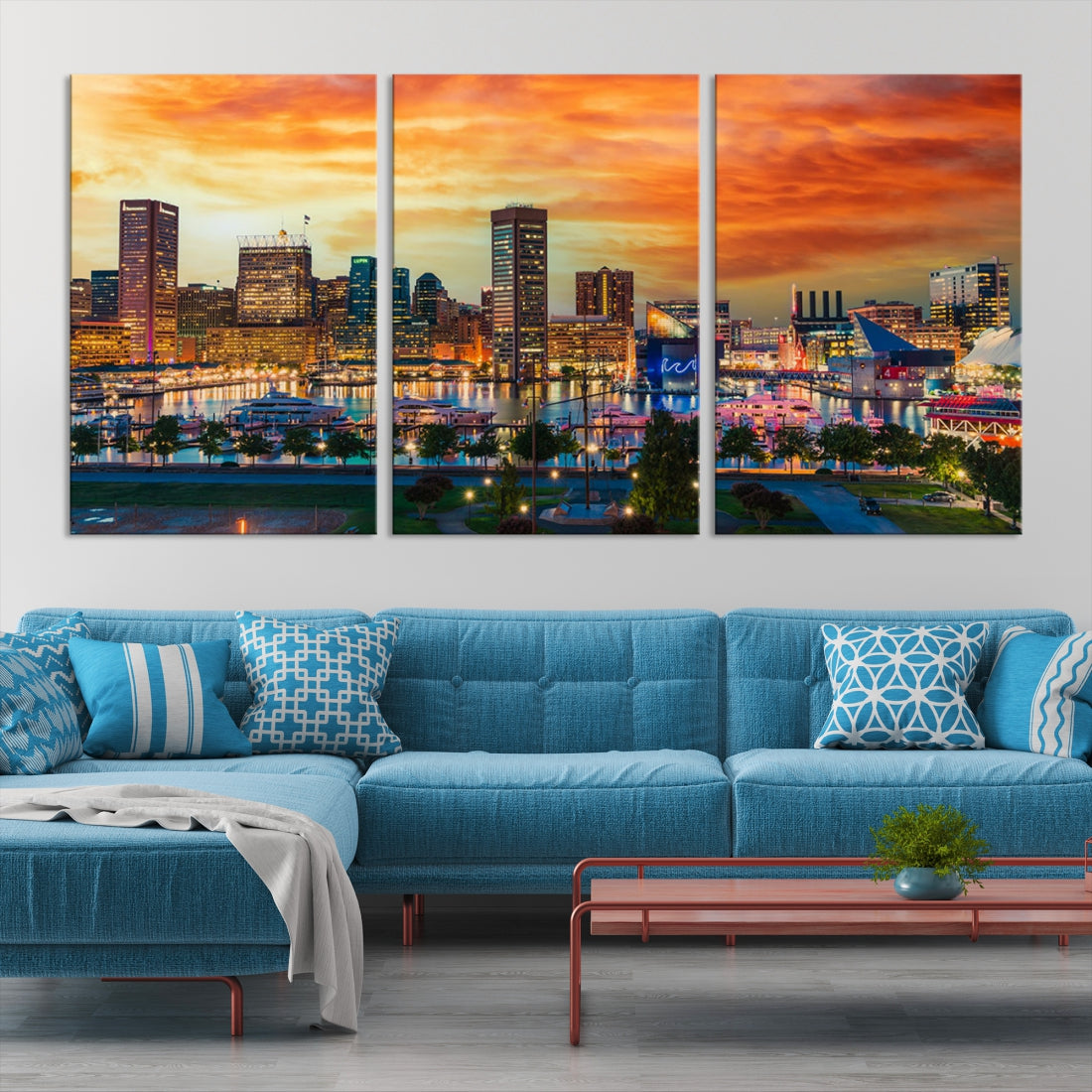 Sunset over Baltimore City Skyline Canvas Wall Art Large Cityscape Print