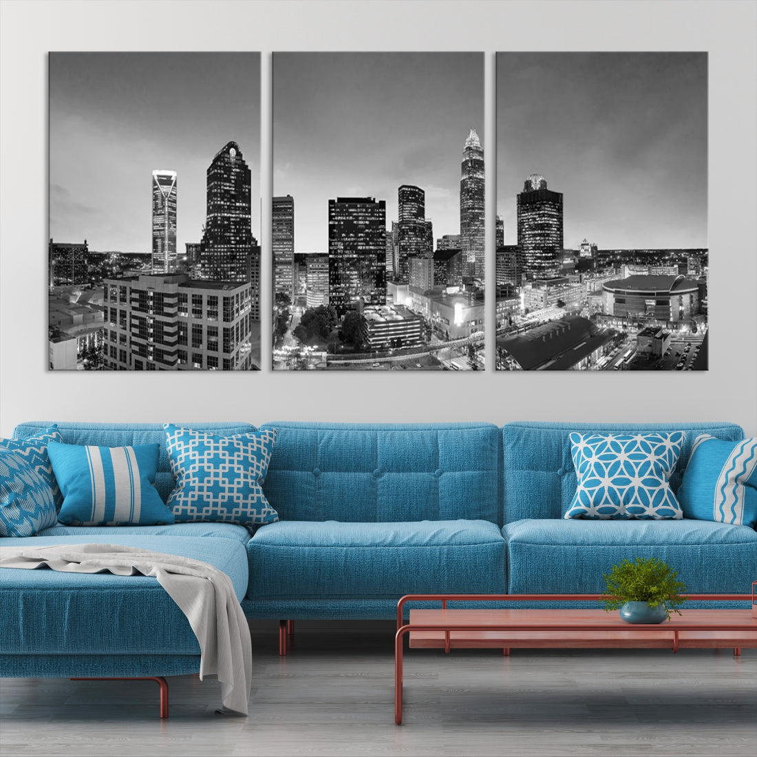 Aerial Charlotte City Skyline Wall Art Black and White Cityscape Canvas Print