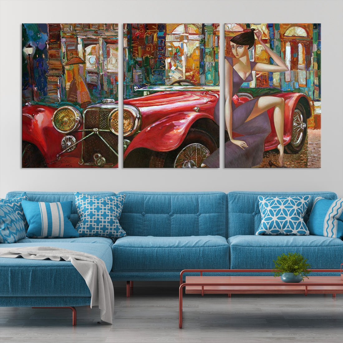 Lady With a Red Old Antique Car Jalopy Wall Art Canvas Print