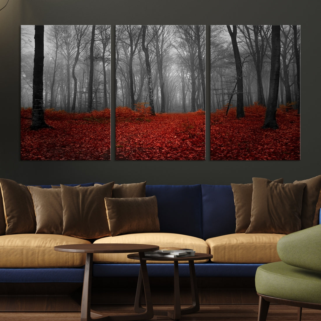 Foggy Forest with Red Leaves Autumn Landscape Giclee Canvas Extra Large Wall Art Print