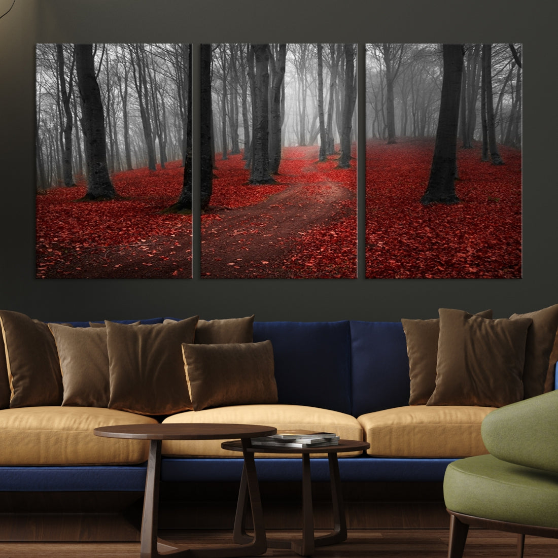 Wonderful Forest with Red Leaves on Ground Large Wall Art Landscape Canvas Print