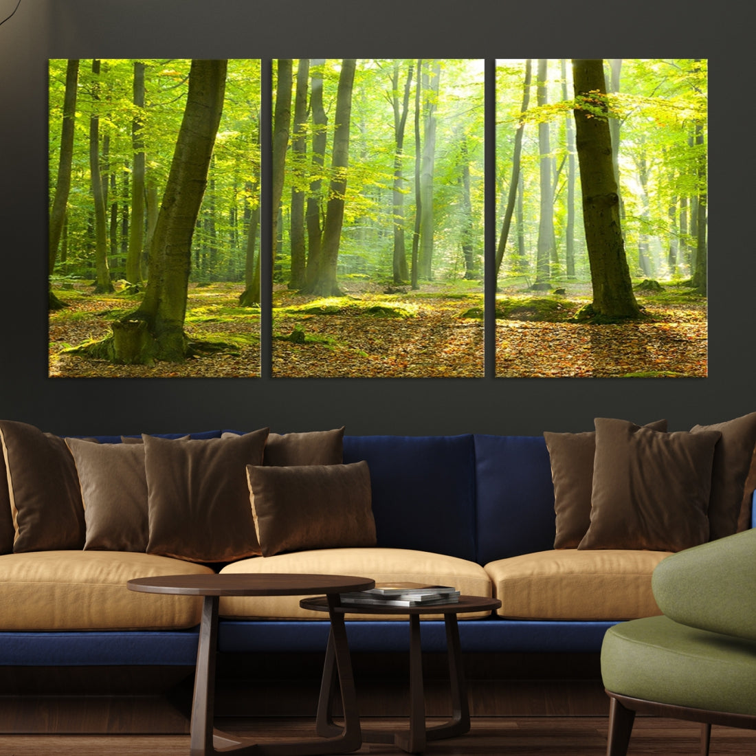 Sunshine in Green Forest Large Tree Wall Art Landscape Canvas Print