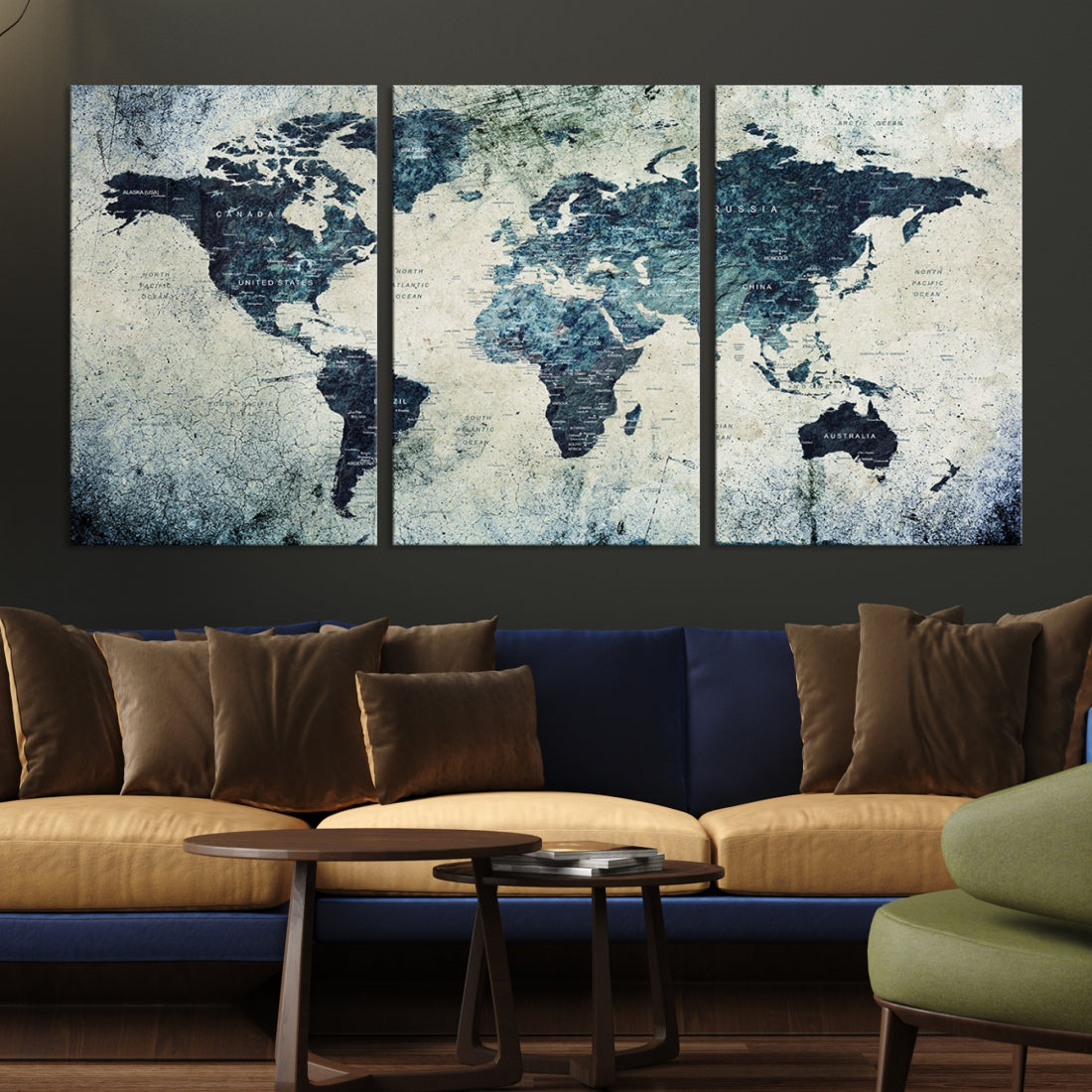 Extra Large World Map Wall Art Watercolor Painting on Canvas Print Grunge Vintage Decor