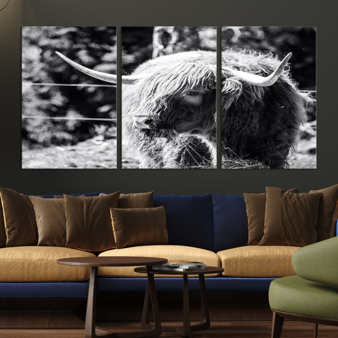 Black and White Highland Cow Canvas Wall Art Print Nature Photograph Canvas Art Large Cow Print Panel Canvas Set