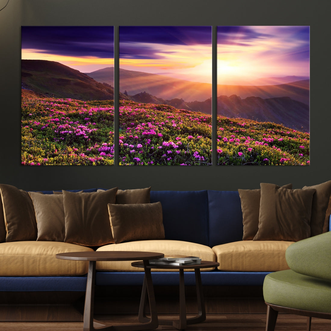 Alluring Spring Mountain with Flowers Sunset Landscape Canvas Wall Art Print