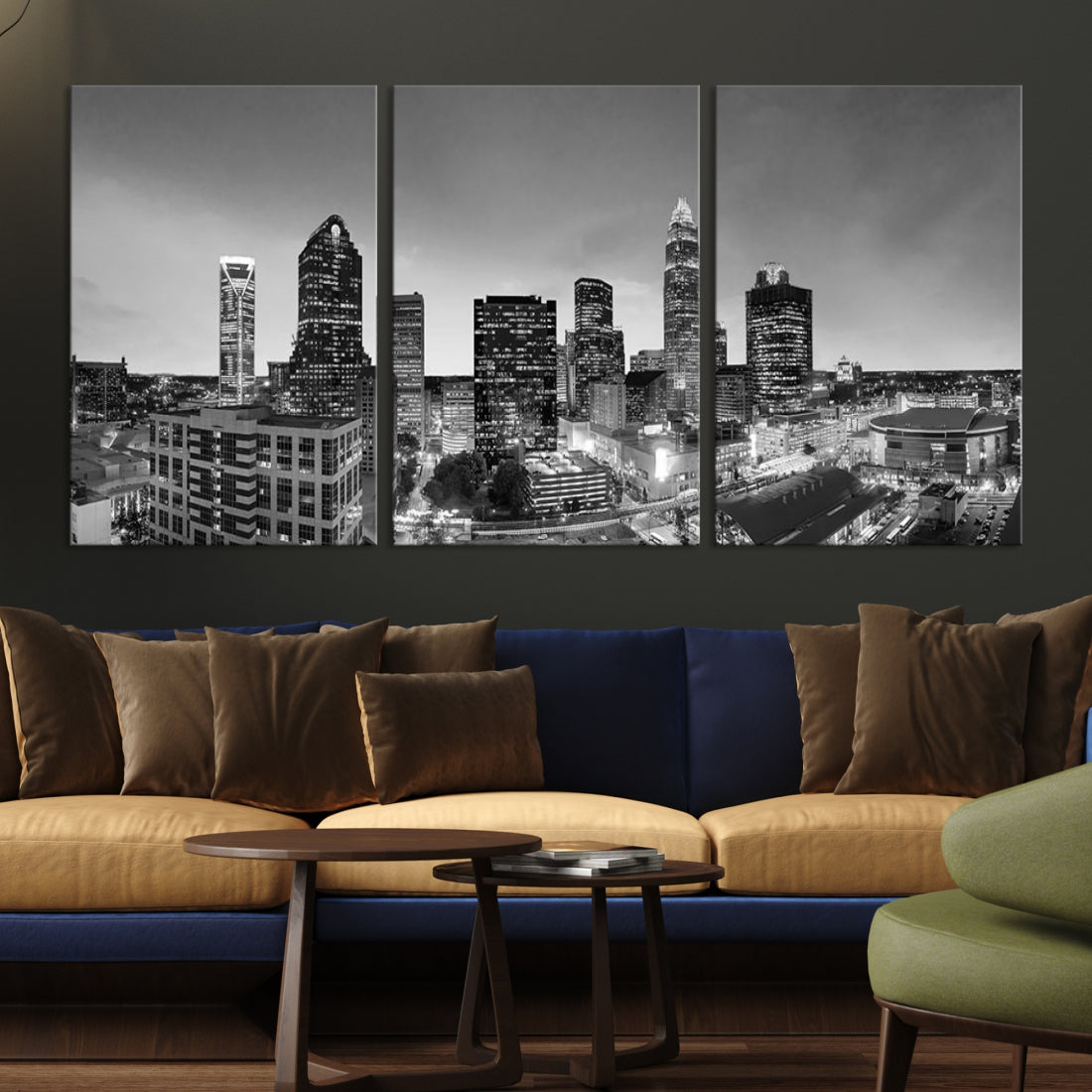 Aerial Charlotte City Skyline Wall Art Black and White Cityscape Canvas Print