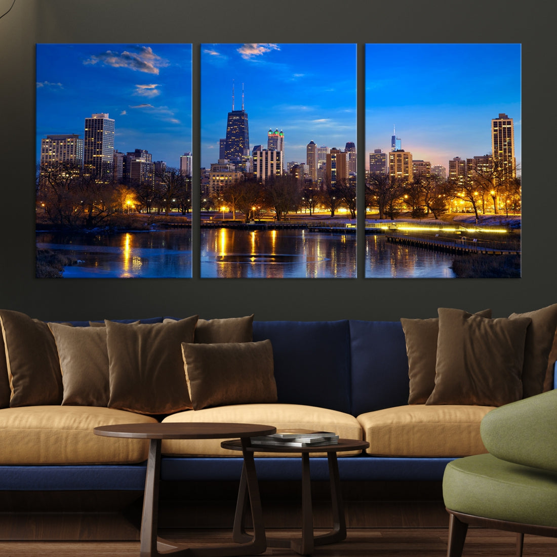 Large Chicago Skyline Wall Art Night Cityscape Canvas Print Home Decor