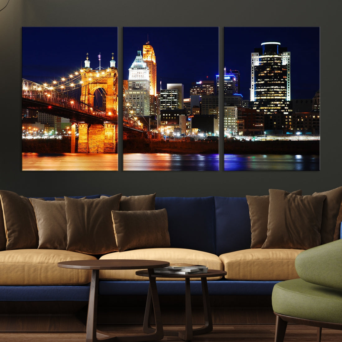 Cincinnati Bright Lights Night Skyline Canvas Wall Art Framed Print