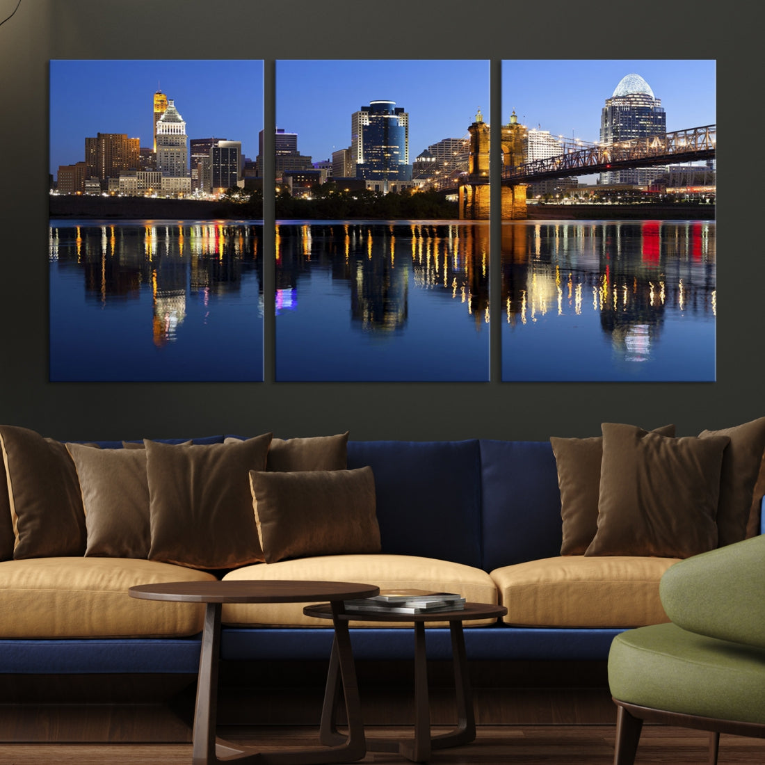 Cincinnati Night Skyline Reflections Large Cityscape Wall Art Canvas Print