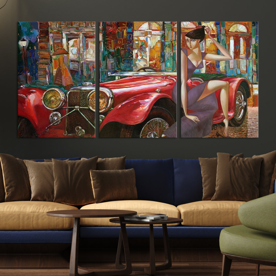 Lady With a Red Old Antique Car Jalopy Wall Art Canvas Print