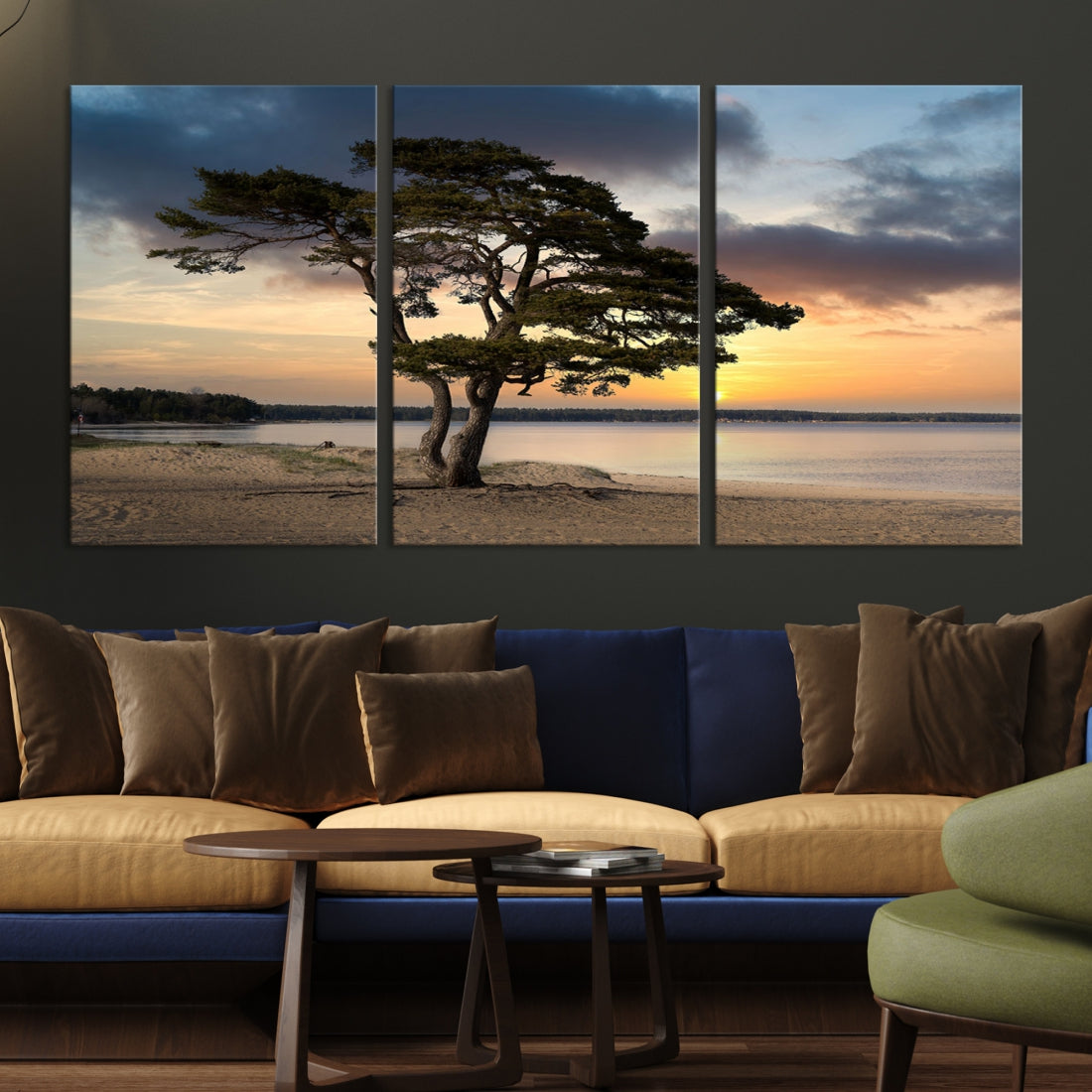 Big Tree Beach Coastal Sunset Wall Art Canvas Print Framed