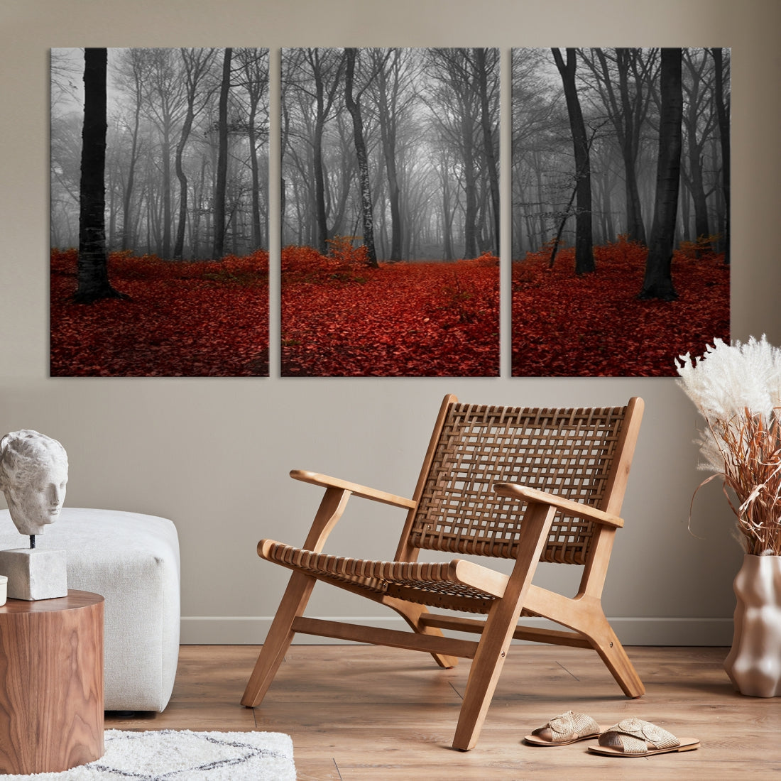 Foggy Forest with Red Leaves Autumn Landscape Giclee Canvas Extra Large Wall Art Print