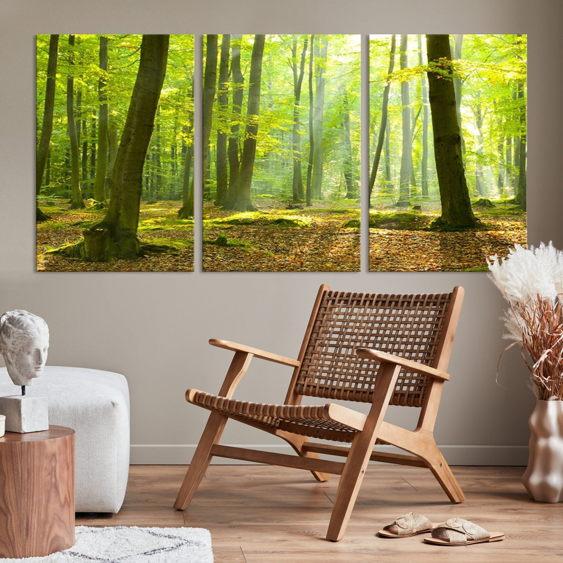 Sunshine in Green Forest Large Tree Wall Art Landscape Canvas Print