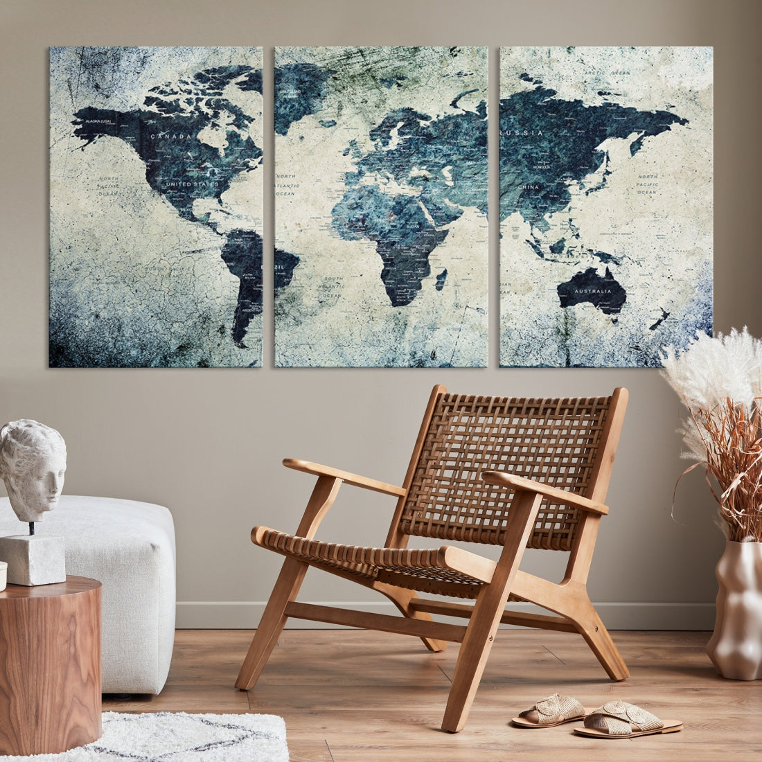 Extra Large World Map Wall Art Watercolor Painting on Canvas Print Grunge Vintage Decor