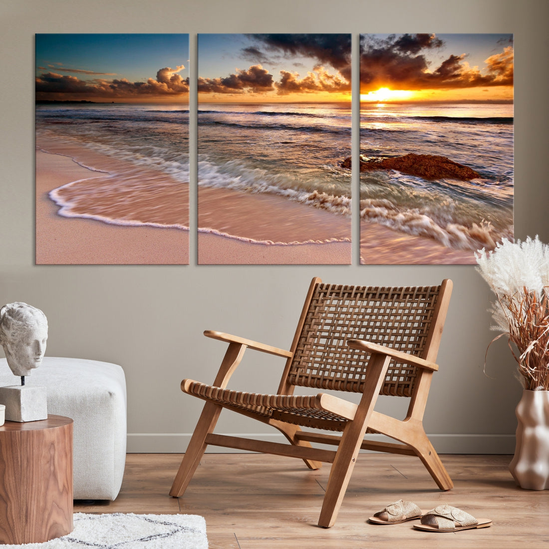 Breathtaking Sunset and Calm Beach Waves Canvas Wall Art Print