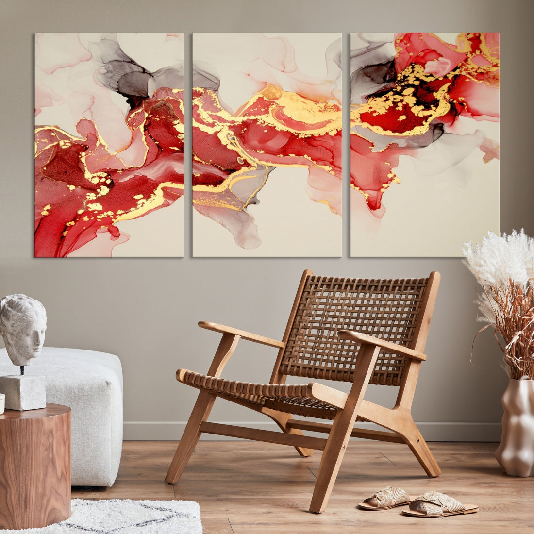 Contemporary Red Gold Abstract Painting on Canvas Print Framed Wall Decor