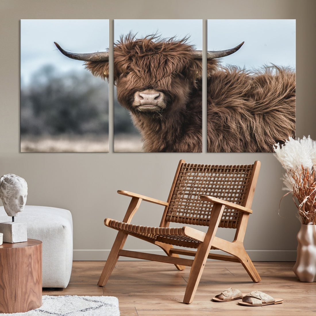 Fluffy Highland Cow Photograph Large Wall Art Canvas Print Cute Animals Picture Wall Decor Artwork for Living Room Farmhouse Printable Art Housewarming Gift Modern Home Art Decor