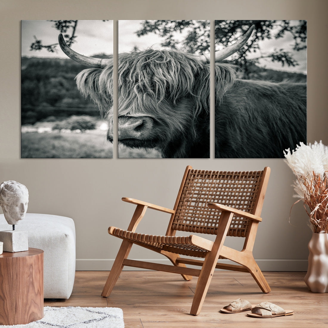 Beautiful Highland Cow Wall Art Large Canvas Print Black and White Wall Decor