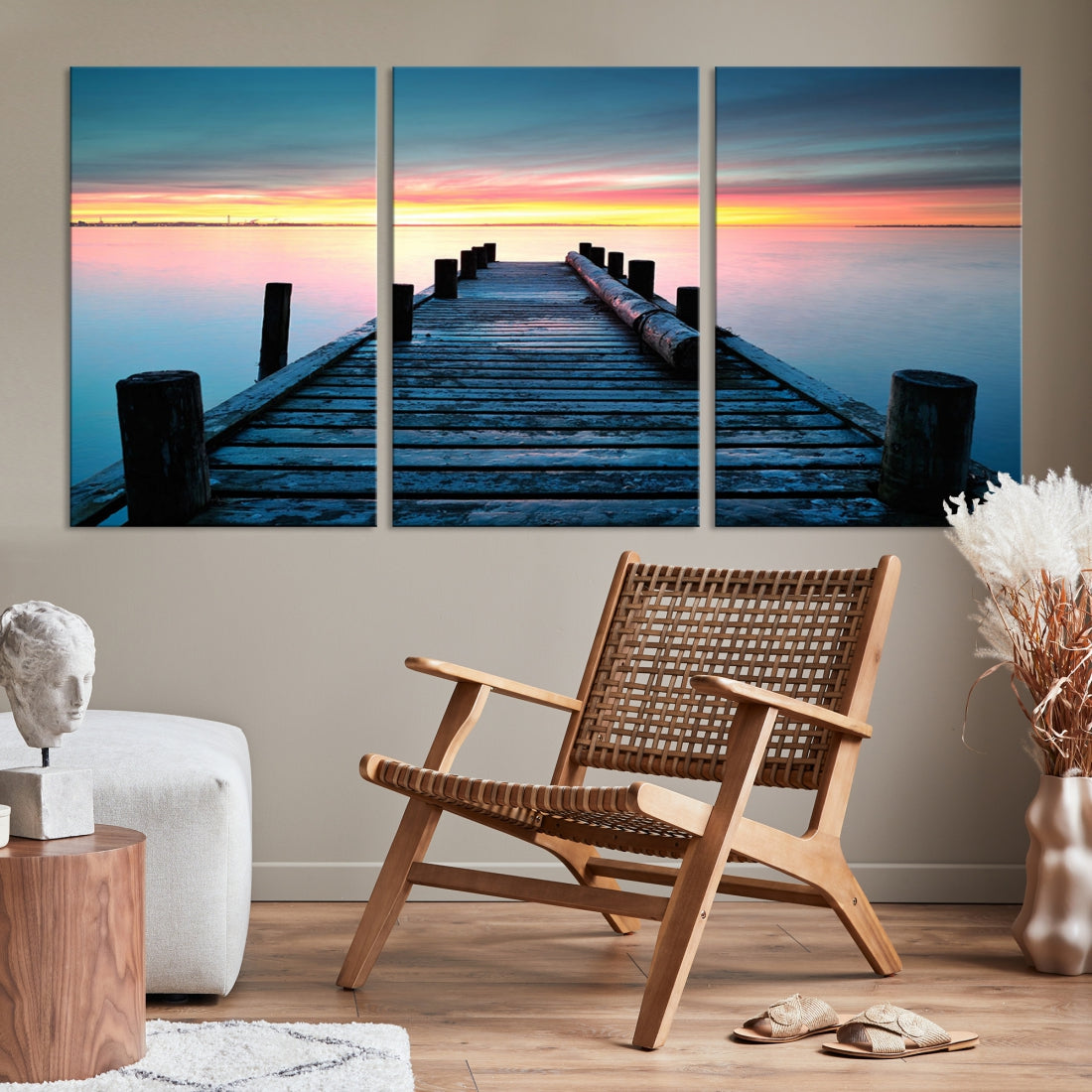 Fantastic Sunset over the Horizon Old Pier Seascape Ocean Wall Art Canvas Print