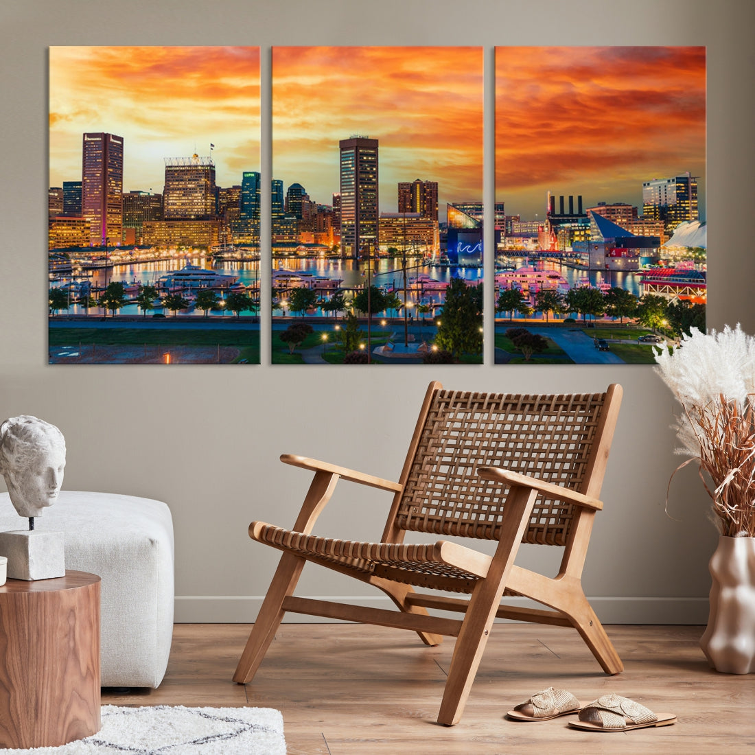 Sunset over Baltimore City Skyline Canvas Wall Art Large Cityscape Print