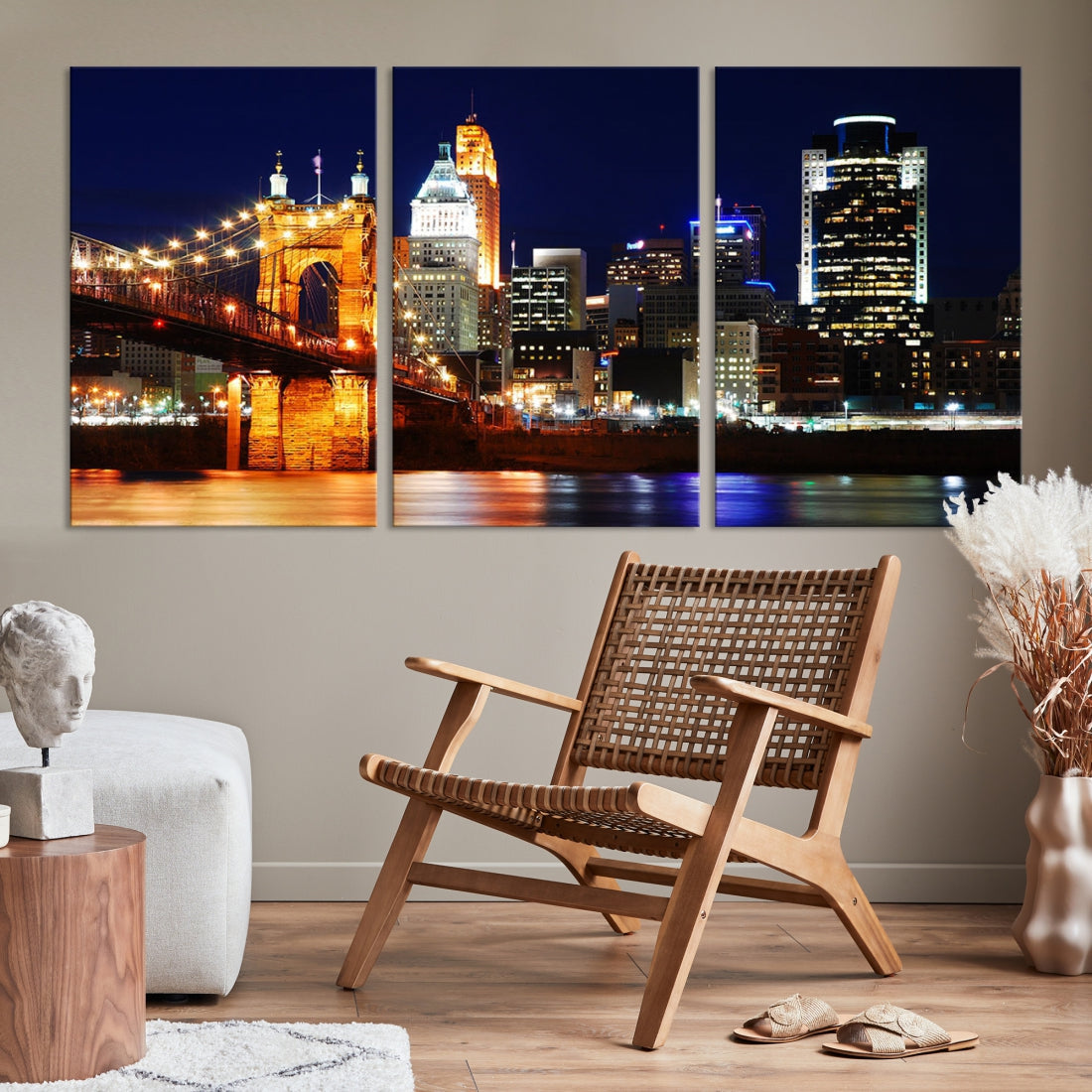 Cincinnati Bright Lights Night Skyline Canvas Wall Art Framed Print