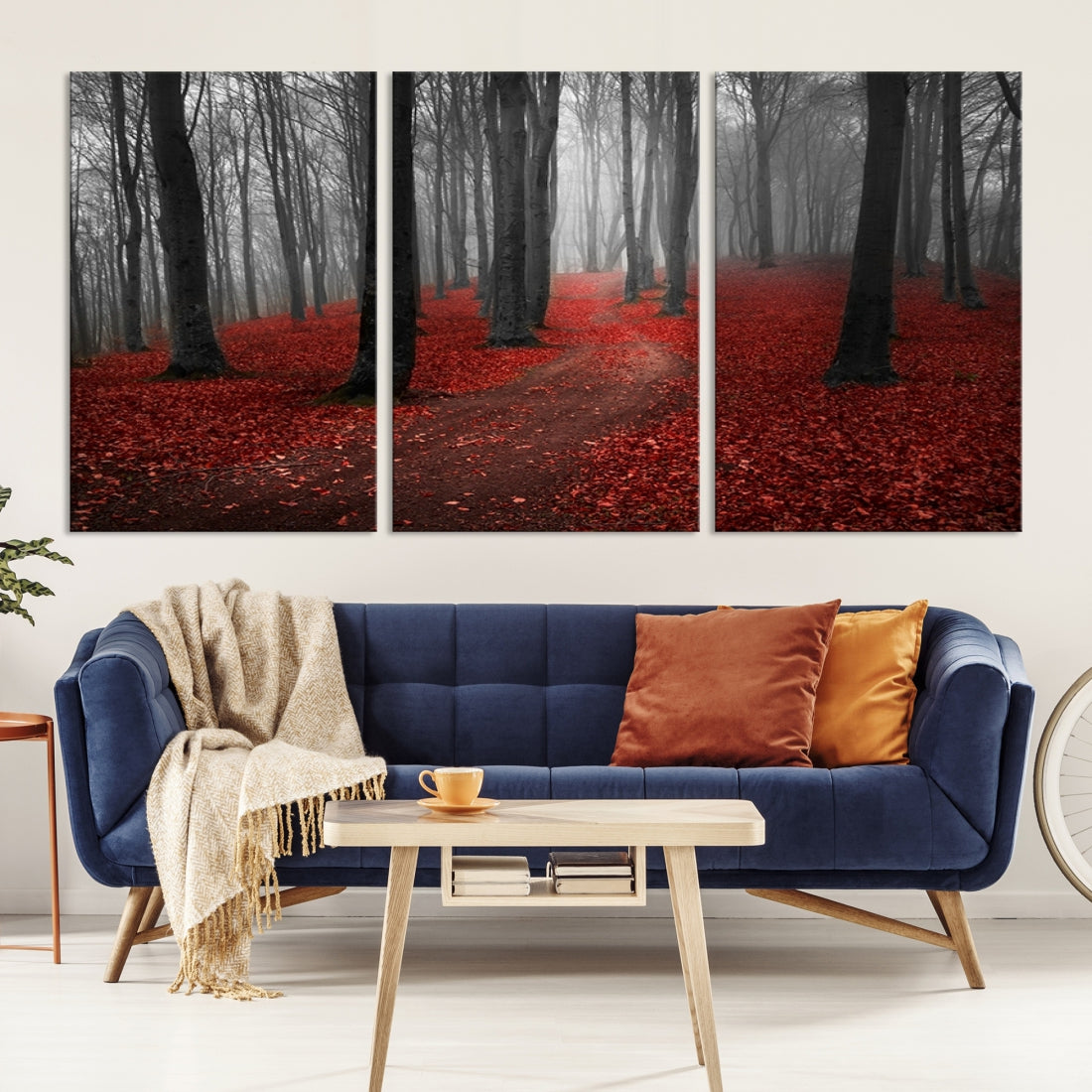 Wonderful Forest with Red Leaves on Ground Large Wall Art Landscape Canvas Print