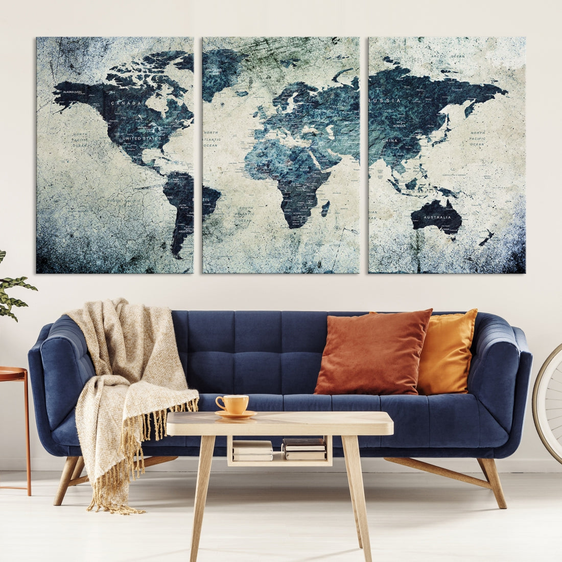 Extra Large World Map Wall Art Watercolor Painting on Canvas Print Grunge Vintage Decor