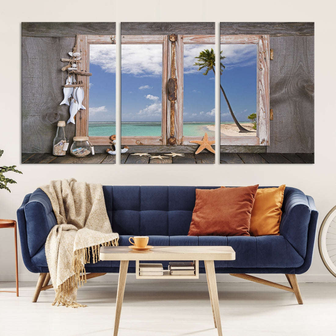 Large Window Wall Art Relaxing Beach Photo Canvas Art Print Starfish Seashells Nautical Art Framed Ocean Artwork