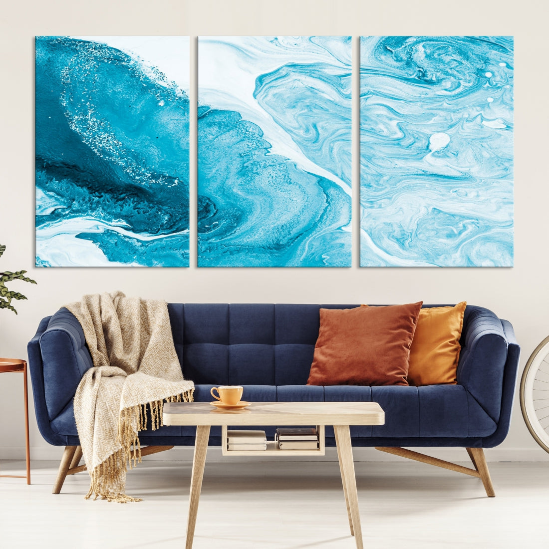 Bright Blue Abstract Painting on Canvas Large Marble Art Print