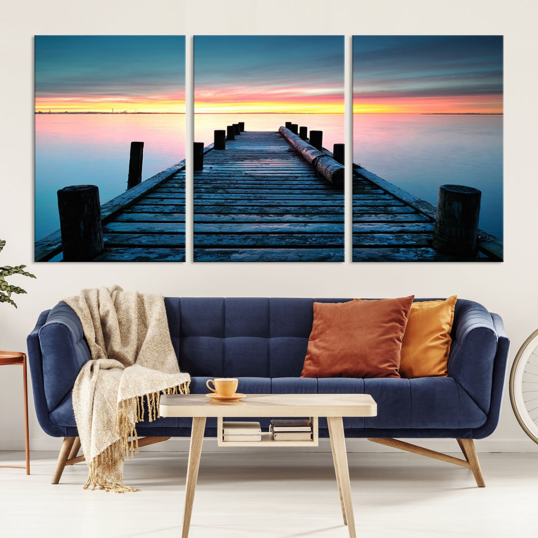 Fantastic Sunset over the Horizon Old Pier Seascape Ocean Wall Art Canvas Print