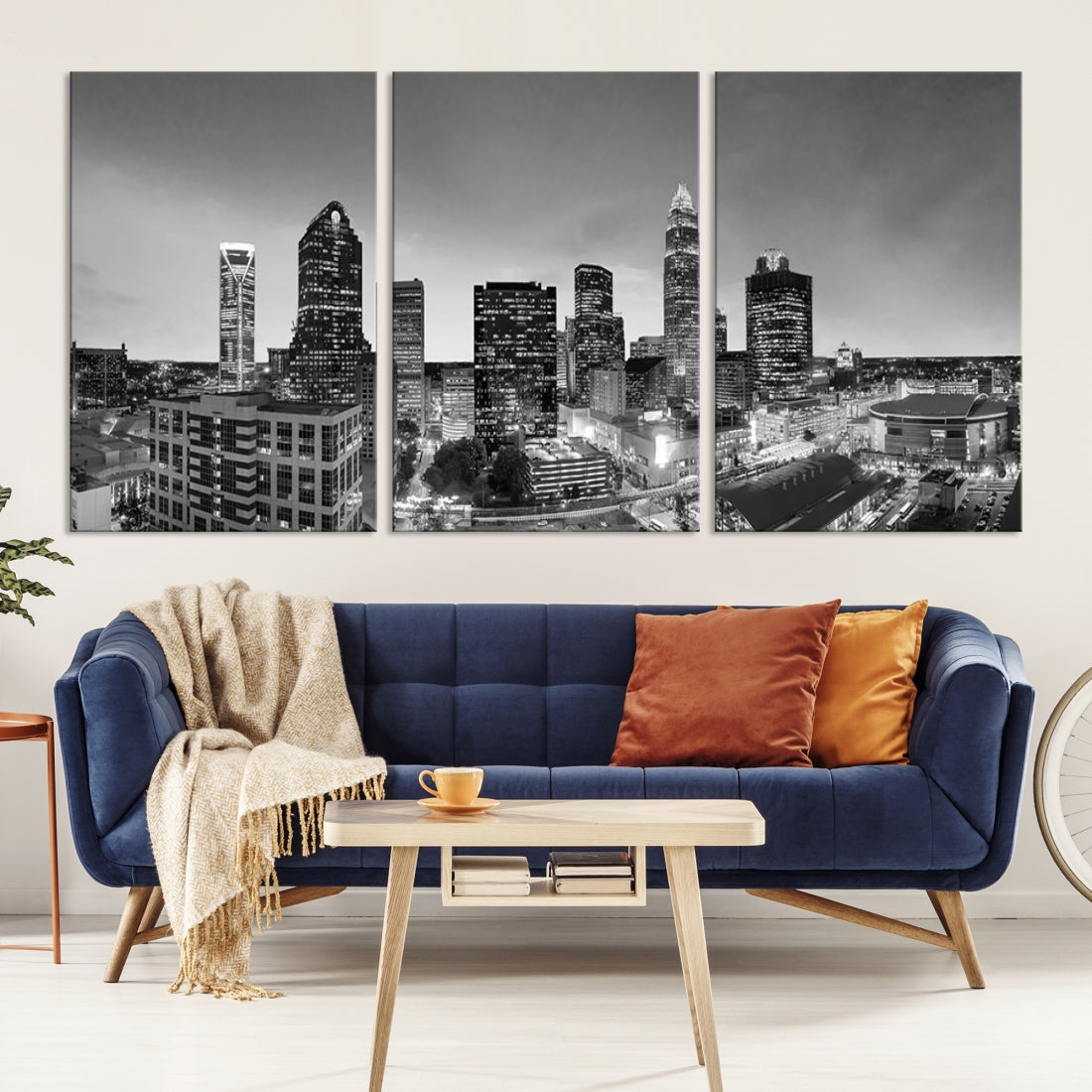 Aerial Charlotte City Skyline Wall Art Black and White Cityscape Canvas Print