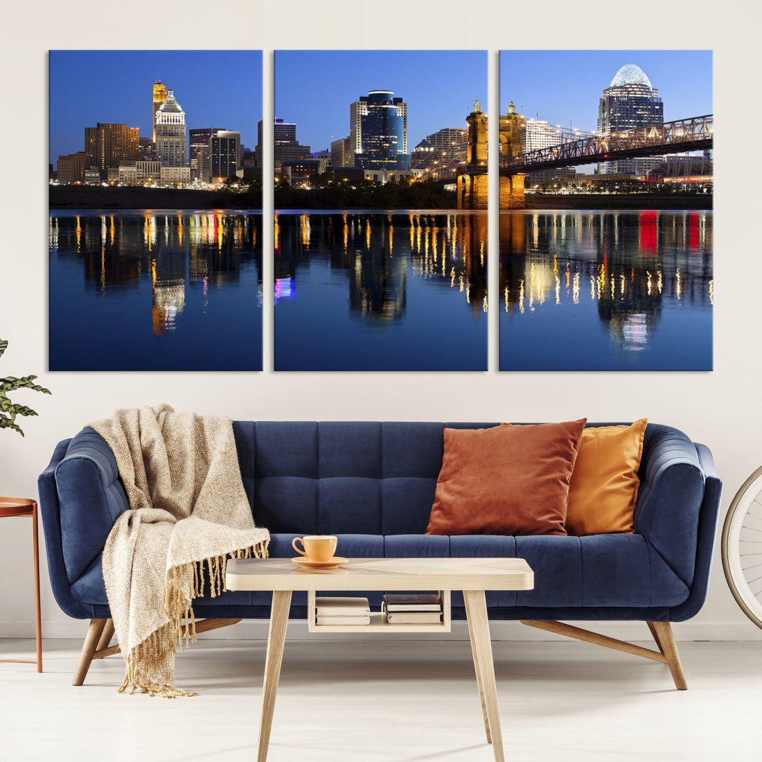 Cincinnati Night Skyline Reflections Large Cityscape Wall Art Canvas Print