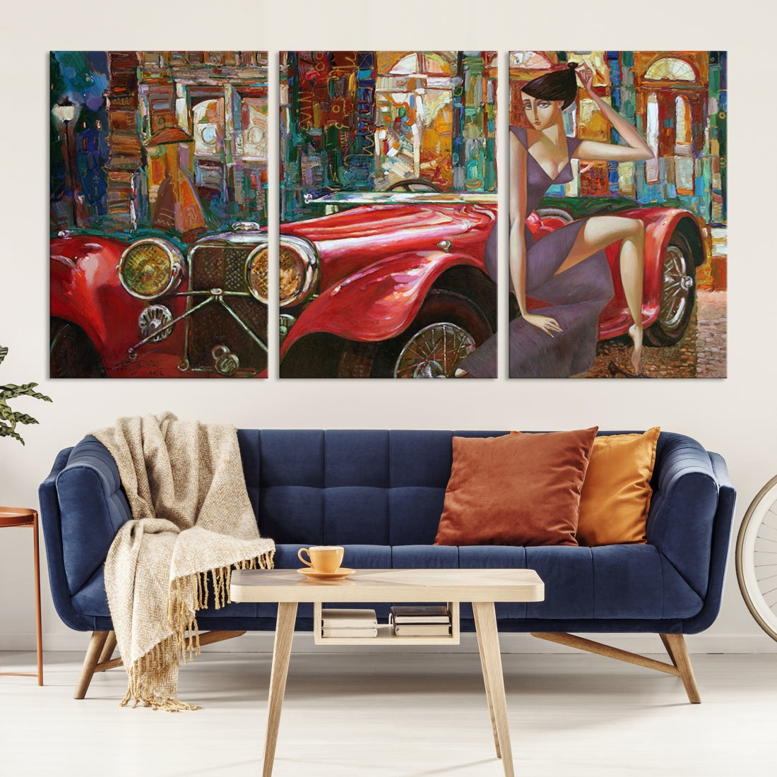 Lady With a Red Old Antique Car Jalopy Wall Art Canvas Print