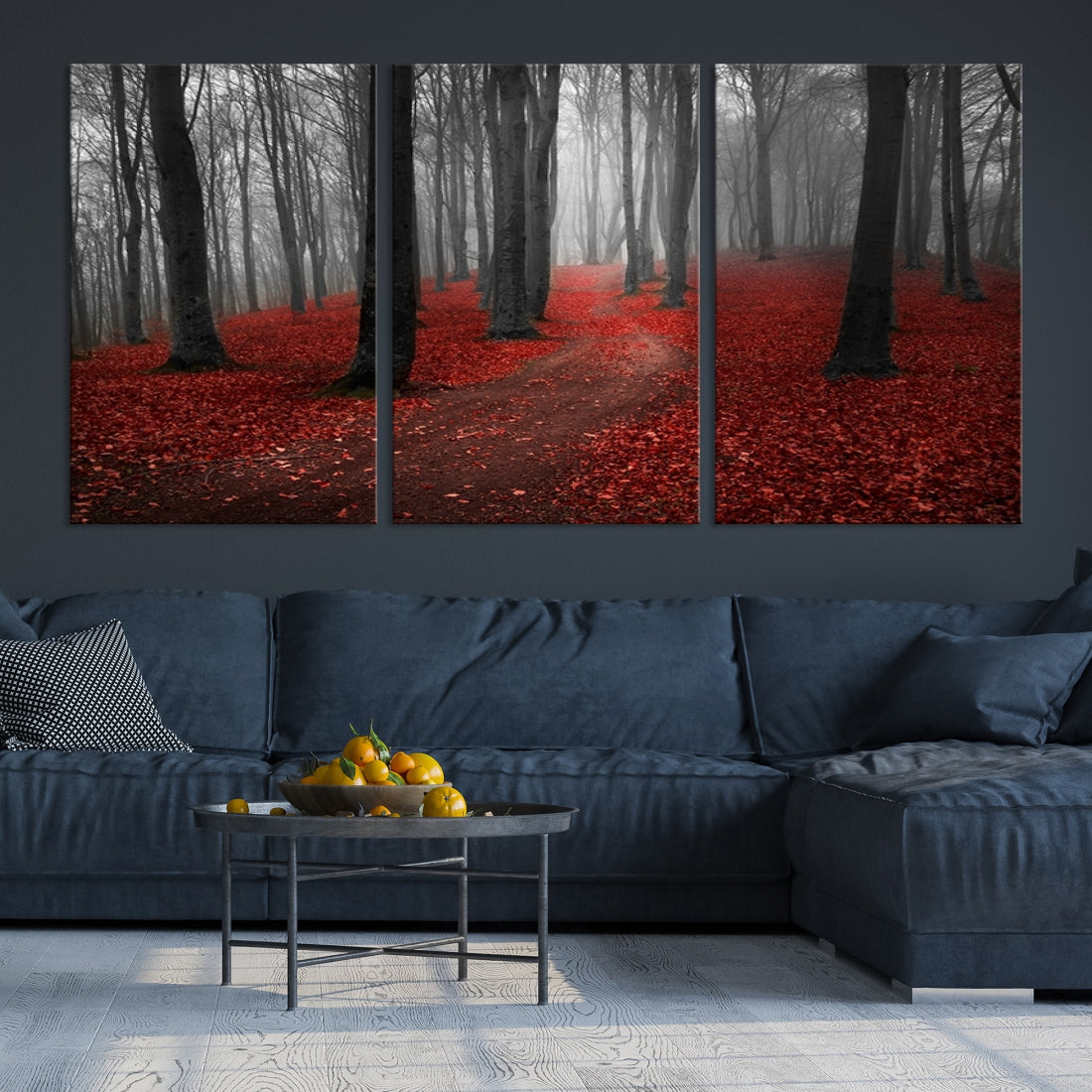 Wonderful Forest with Red Leaves on Ground Large Wall Art Landscape Canvas Print