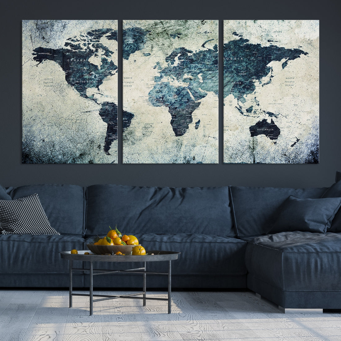 Extra Large World Map Wall Art Watercolor Painting on Canvas Print Grunge Vintage Decor