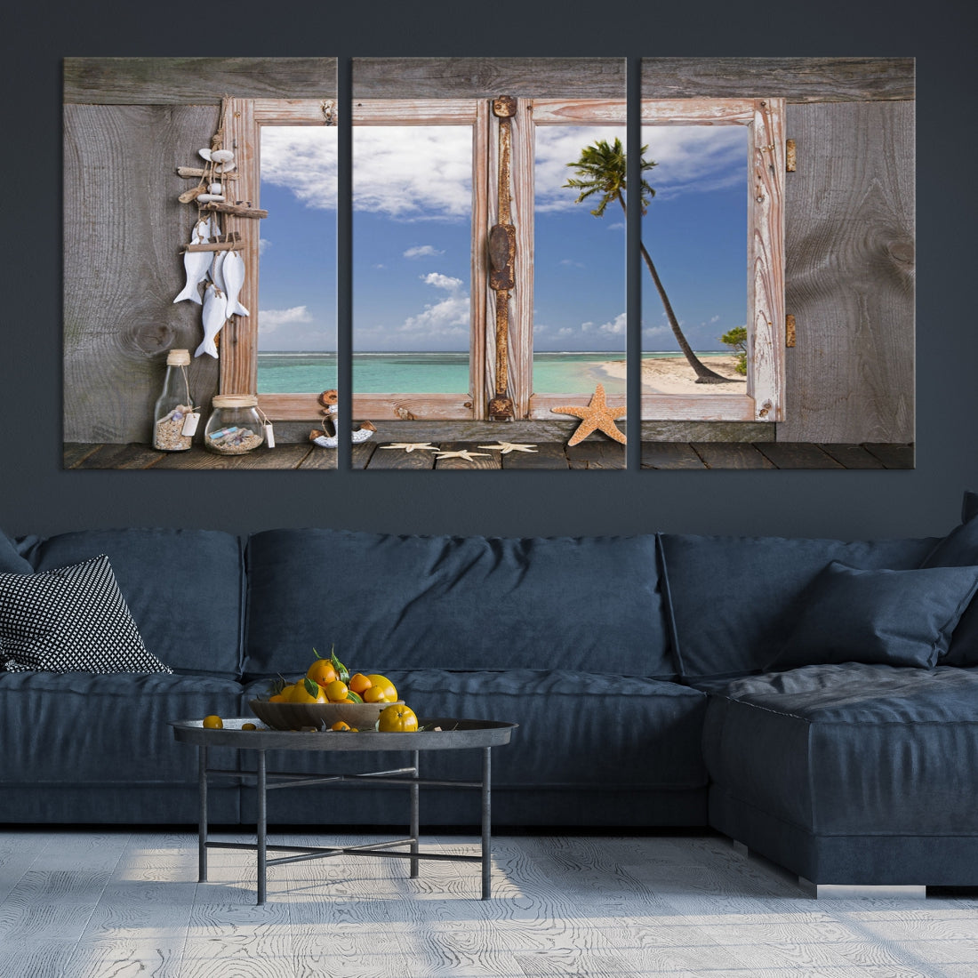 Large Window Wall Art Relaxing Beach Photo Canvas Art Print Starfish Seashells Nautical Art Framed Ocean Artwork