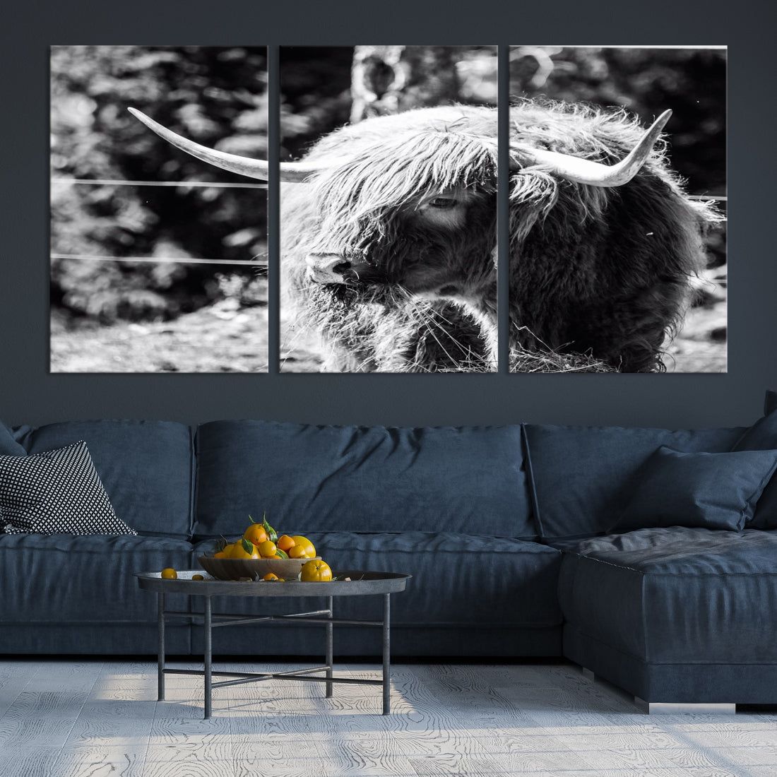 Black and White Highland Cow Canvas Wall Art Print Nature Photograph Canvas Art Large Cow Print Panel Canvas Set
